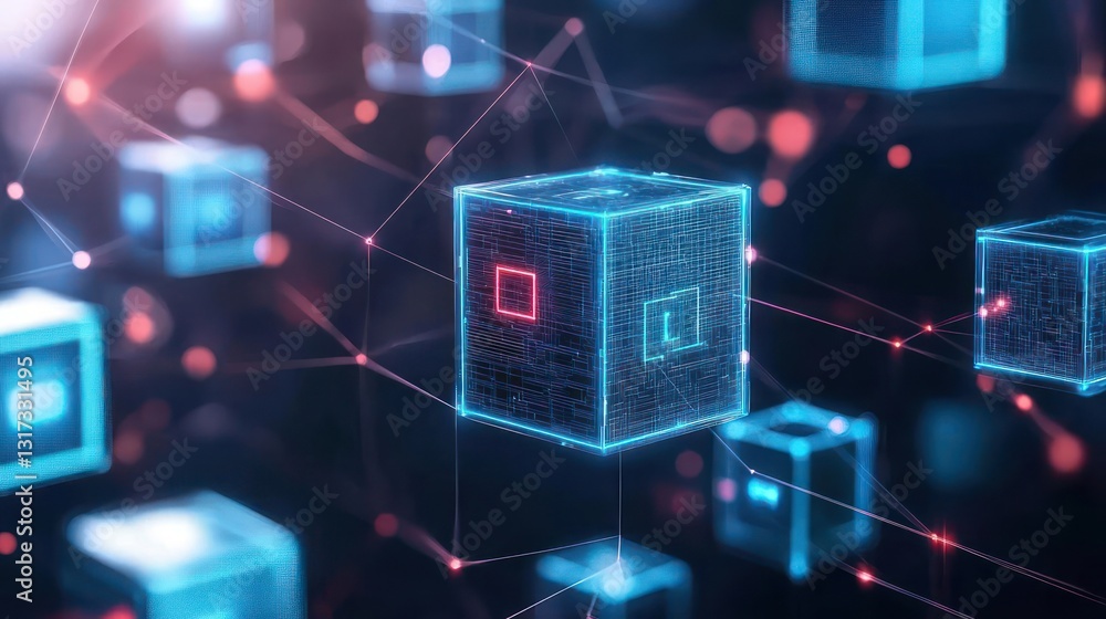 Poster abstract blue cubes connected by red lines depicting digital network in dark background