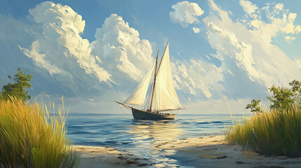 A painting of a sailboat in the water