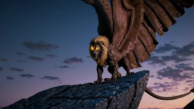 Majestic griffin perched on a rocky outcrop at twilight
