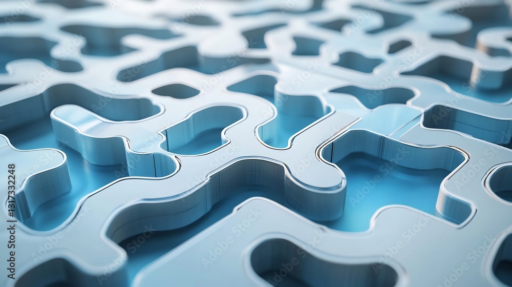Poster abstract representation of corporate strategy featuring interlocking shape pathway symbolizing organ