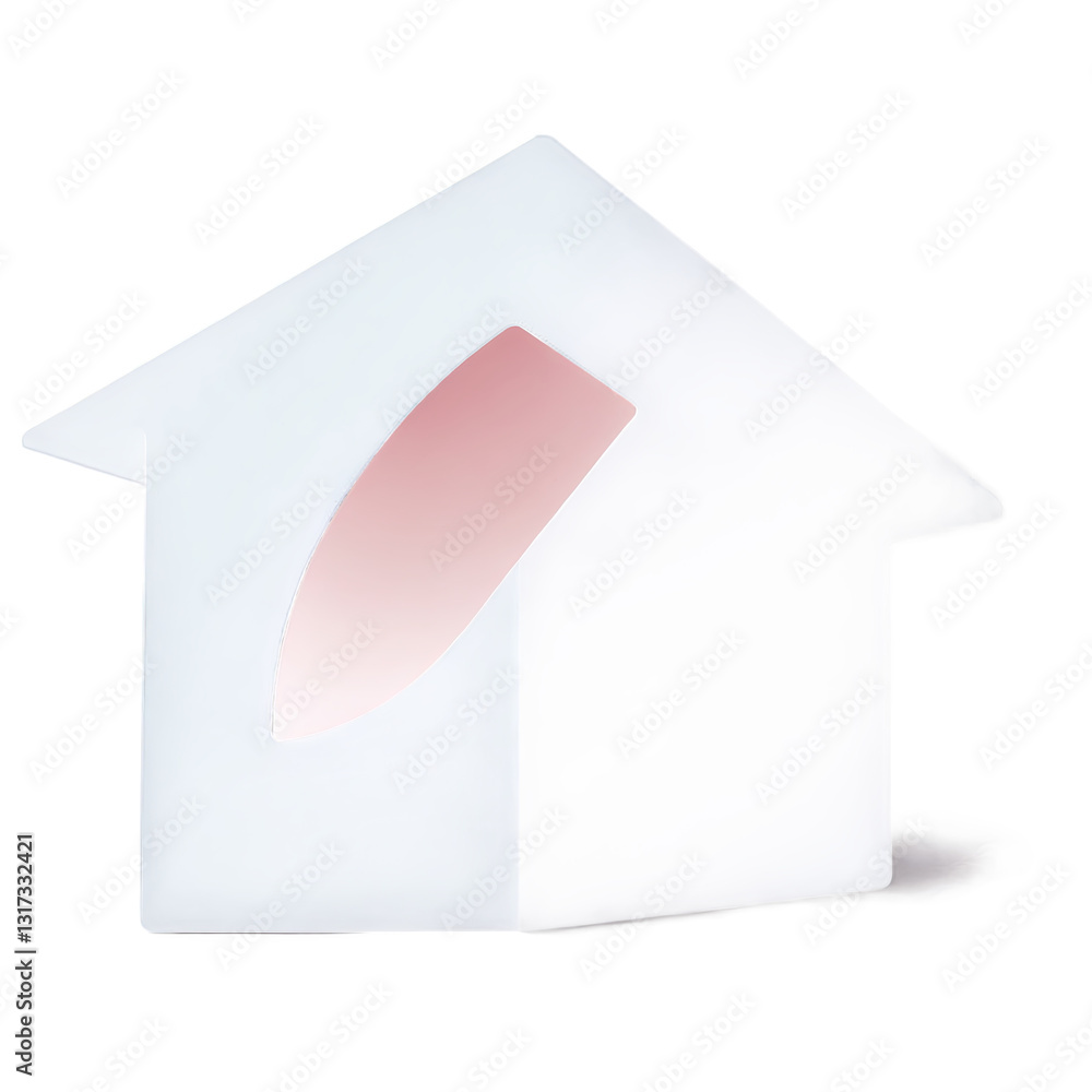 Poster a minimalist house-shaped object with a soft gradient from white to pink, on a transparent backgroun