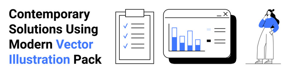 Woman standing thoughtfully, clipboard with checkmarks, analytics dashboard with bar charts. Ideal for productivity, data analysis, planning, decision-making, project management, workflow flat