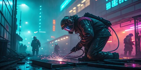 A welder works in a foggy city street illuminated by neon lights and urban atmosphere.
