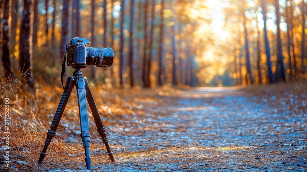 Poster a dslr camera on a tripod sits on a path in a sun dappled autumn forest. the camera is in focus agai
