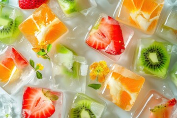 Refreshing ice cubes with frozen slices of strawberries, kiwi, and oranges, beautifully arranged with edible flowers on a chilled surface.
