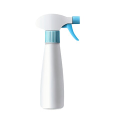 Minimalist white spray bottle with a blue nozzle on a transparent background, symbolizing cleaning products and home care