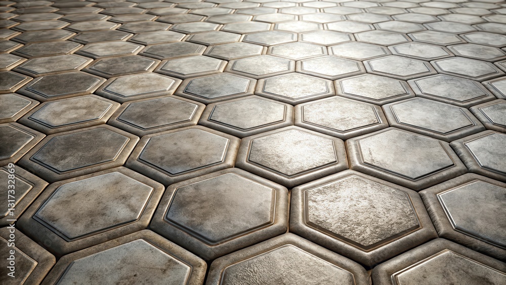 Aufkleber A repeating pattern of hexagonal tiles, each with a textured surface and a subtle metallic sheen, creates a mesmerizing visual illusion of depth and perspective.