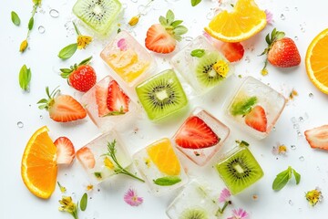 Vibrant ice cubes with fresh strawberries, kiwi, and orange slices, garnished with edible flowers and herbs, perfect for refreshing drinks.