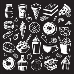 chalk food icon vector illustrations. wedding dinner icons, wine or champagne glass, cheese, and charcuterie drawings for wedding invitations, cafe menus, and parties