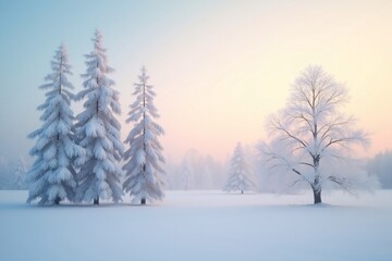 Fototapeta premium Frozen Trees on a Winter Morning in snowy field