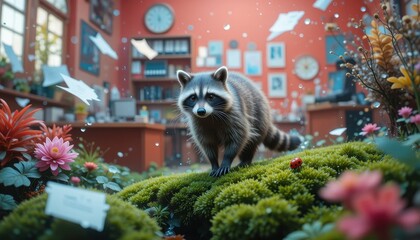 Obraz premium Adorable Raccoon in a Magical Office Garden Scene with Flowers and Papers