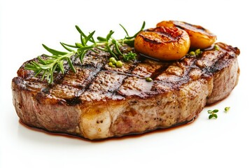 Juicy grilled steak with rosemary and peppercorns on white background. Artificial Intelligence image
