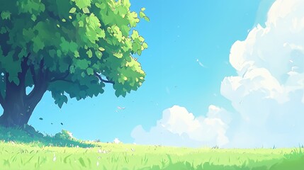 Summer Landscape Illustration: Green Tree and Grassy Field Under a Sunny Blue Sky