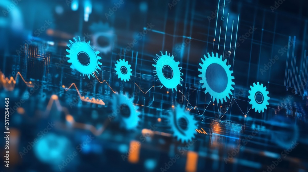Poster Abstract representation of productivity tools highlighting symbolic gears interlocking shapes operational efficiency