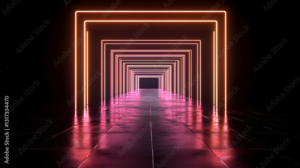 Poster 3d render of illuminated neon square frame tunnel with vibrant pink and orange gradient on wet floor