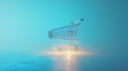 A shopping cart floating weightlessly on a pastel blue background, soft glowing light beneath, smooth futuristic design, surreal levitation effect, minimalistic product display,