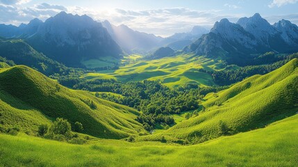 Fototapeta premium Sunlit green valley nestled within majestic mountain range