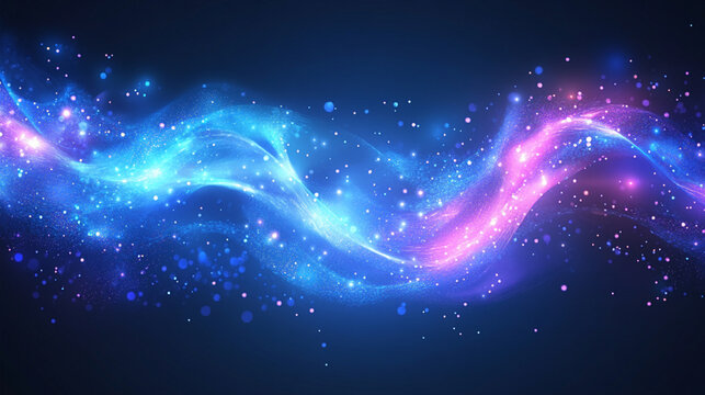 Abstract cosmic wave in deep blue and pink hues with glowing particles, representing futuristic and energetic digital art.