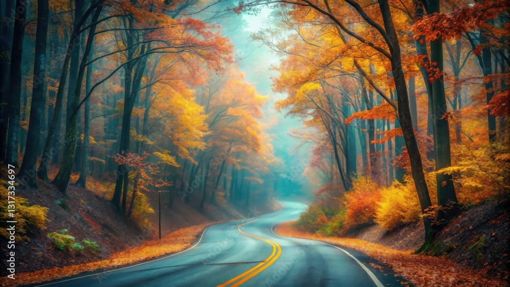 Poster a winding road through a vibrant autumn forest, with colorful leaves and fog creating a mystical atm
