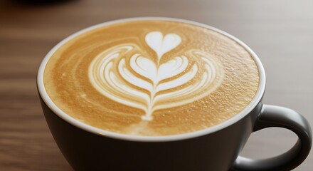 A close-up of a delicious latte with intricate latte art on top.