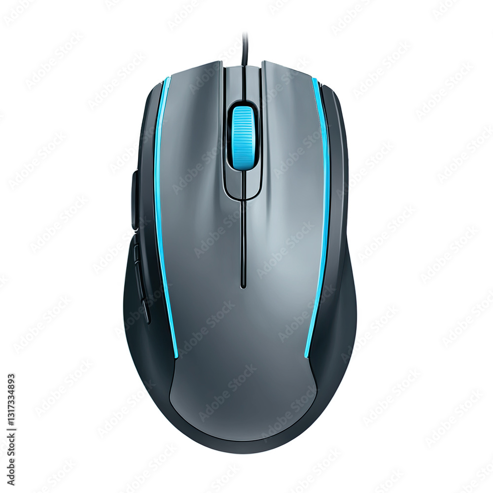 Poster close-up view of a sleek computer gaming mouse with glowing blue accents on a gray background
