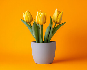 Obraz premium Three yellow tulips in a gray pot against an orange background Simple, elegant flower arrangement, showcasing freshness and spring feeling, perfect for greeting card or website design