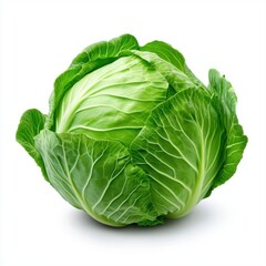 Obraz premium Fresh Green Cabbage with Crisp Leaves Isolated on White Background for Culinary and Dietary Usage