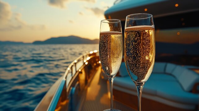 A close-up of champagne glasses clinking on a yacht during a celebration