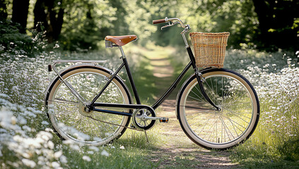 Fototapeta premium Classic bicycle with a wicker basket rests on a sunny path surrounded by wildflowers and lush green foliage.