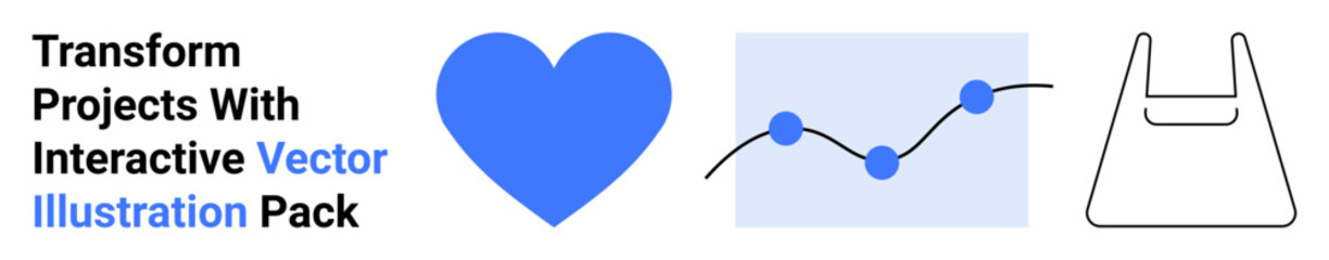 Heart symbol, data graph with blue nodes, simple bag outline. Ideal for design, innovation, ecommerce, statistics, analytics, presentations flat landing page banner