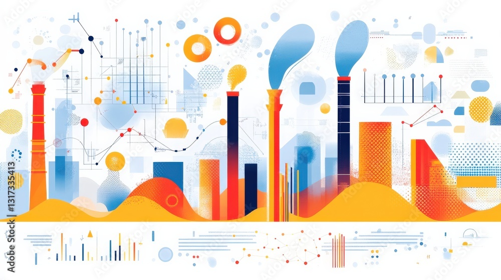Poster vibrant abstract representation of industrial landscape with data visualization elements