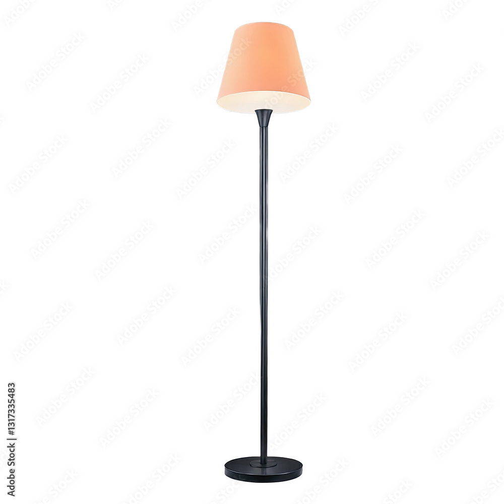 Poster stylish floor lamp featuring a sleek silver base and a soft peach shade, illuminated softly against 