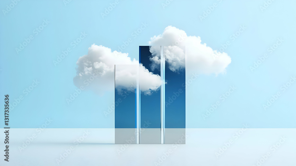 Aufkleber 3d render of a blue bar graph partially obscured by white clouds on a light blue background represen