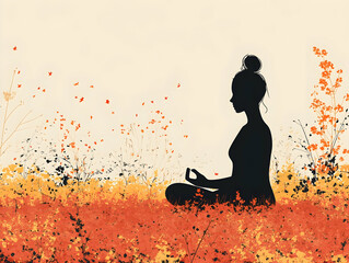 Peaceful meditation in nature. Silhouette of a woman meditating in a field of flowers