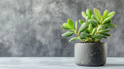 A vibrant green plant in a modern pot against a textured gray backdrop.