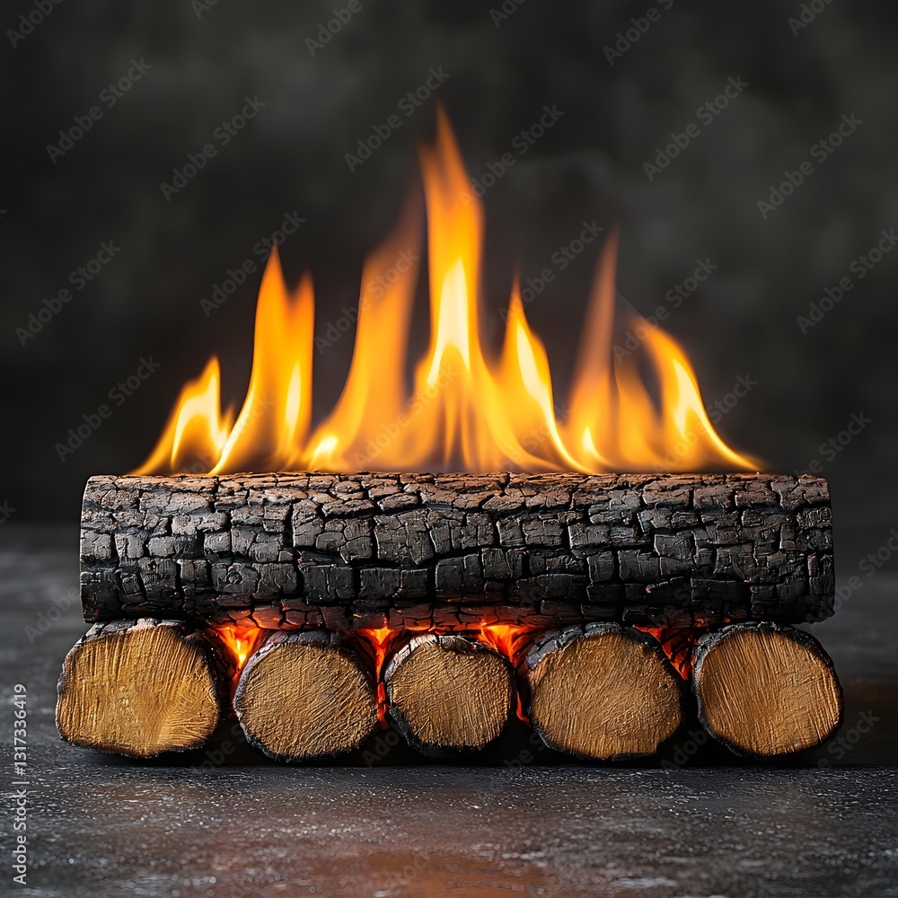 Poster minimalist glowing log stack with rising flames capturing the simplistic charm of a campfire concept