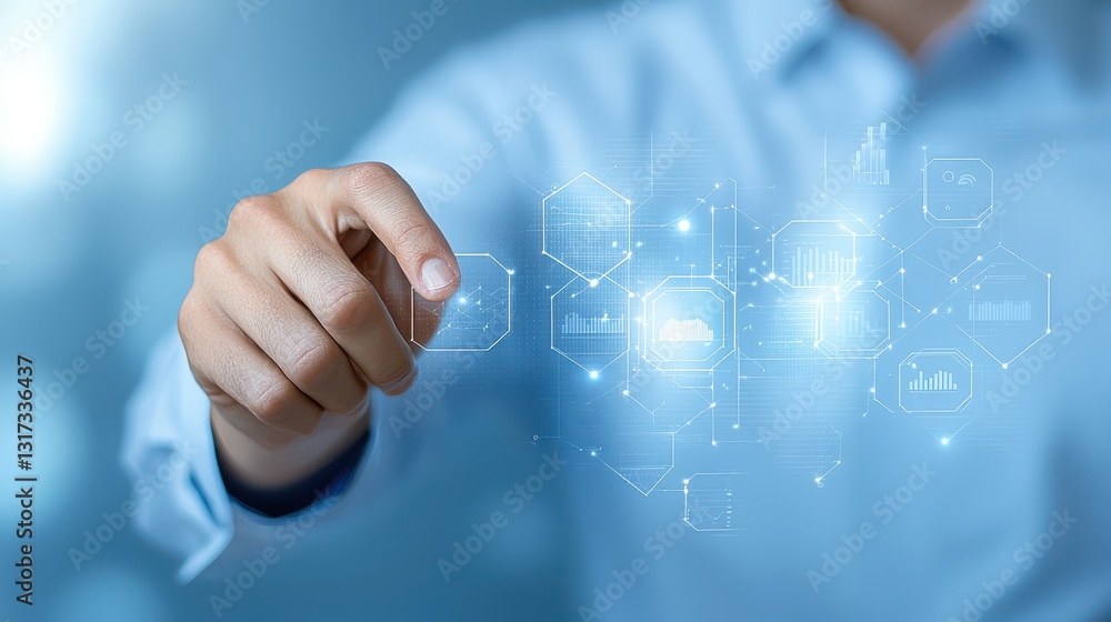Poster man in blue shirt activates touch screen interface, exploring digital interaction and modern technol