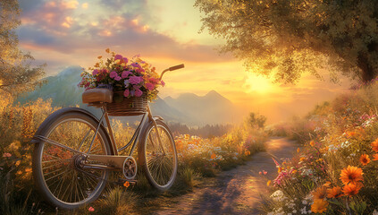 Naklejka premium Vintage bicycle with a flower basket rests on a path through a vibrant sunlit meadow.