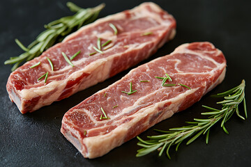 Fototapeta premium Two raw beef ribeye steaks sit on a dark surface garnished with sprigs of fresh rosemary.