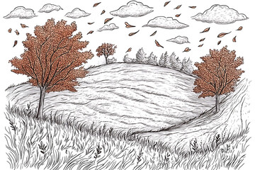 A hand-drawn scene depicts a rolling hill with trees falling leaves tall grass and fluffy clouds in a serene autumn landscape.