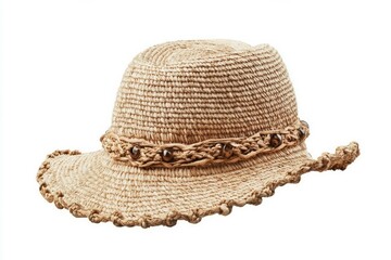 Brown straw hat with floral embellishment on white background. Artificial Intelligence image