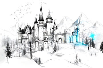 Obraz premium Whimsical pencil-style drawing of a fairytale castle nestled amidst a mountainous landscape with snowy hills and bare trees.