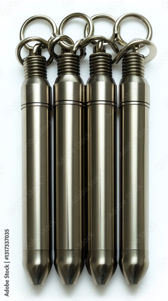 Poster four metallic silver keychains with a pointed tip, arranged vertically against a white background. t