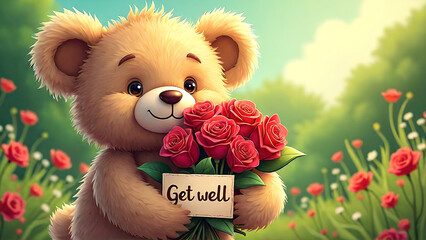 Cute Teddy Bear Holding Roses and Get Well Card in a Flower Field