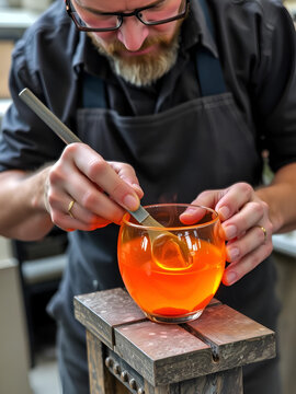 Souffleur de verre - modelage verre chaud mouillette couleur orange - artisan travailleur en action