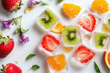 Close-up of melting fruit-infused ice cubes with strawberries, kiwi, and orange slices on a white surface, creating a refreshing and artistic composition.
