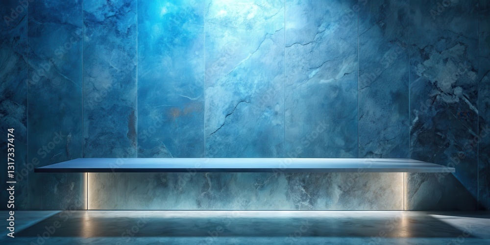 Aufkleber a minimalist display shelf with a blue tiled wall background and subtle ambient lighting