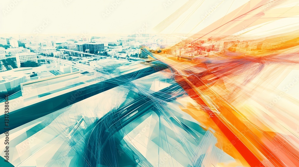 Poster Abstract visualization of civic system geometric flow representing interconnected public infrastructure