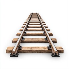 Straight Railway Tracks Leading into the Distance on a White Background with Textured Wooden Sleeper Supports