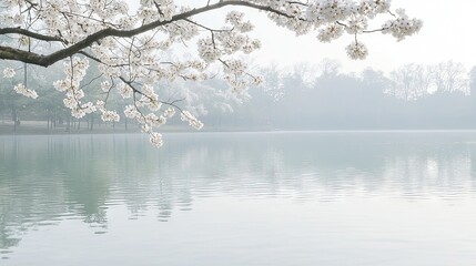 Misty spring lake, cherry blossoms, tranquil park, peaceful scene, nature background